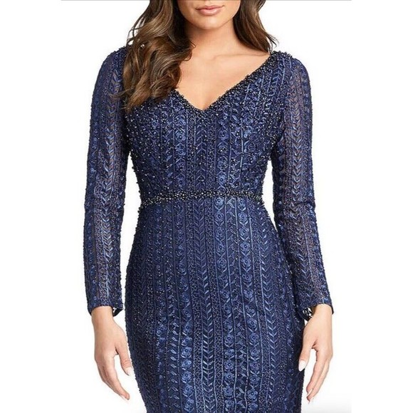 MAC‎ DUGGAL 20271 EMBROIDERED LONG SLEEVE V-NECK TRUMPET MIDNIGHT GOWN Size 16 - Picture 2 of 9